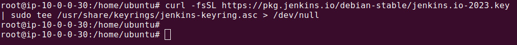 curl -fsSL https://pkg.jenkins.io/debian-stable/jenkins.io-2023.key | sudo tee /usr/share/keyrings/jenkins-keyring.asc > /dev/null
