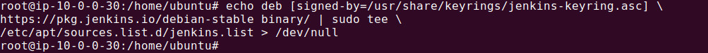 echo deb [signed-by=/usr/share/keyrings/jenkins-keyring.asc] \<br/>
              https://pkg.jenkins.io/debian-stable binary/ | sudo tee \<br/>
              /etc/apt/sources.list.d/jenkins.list > /dev/null