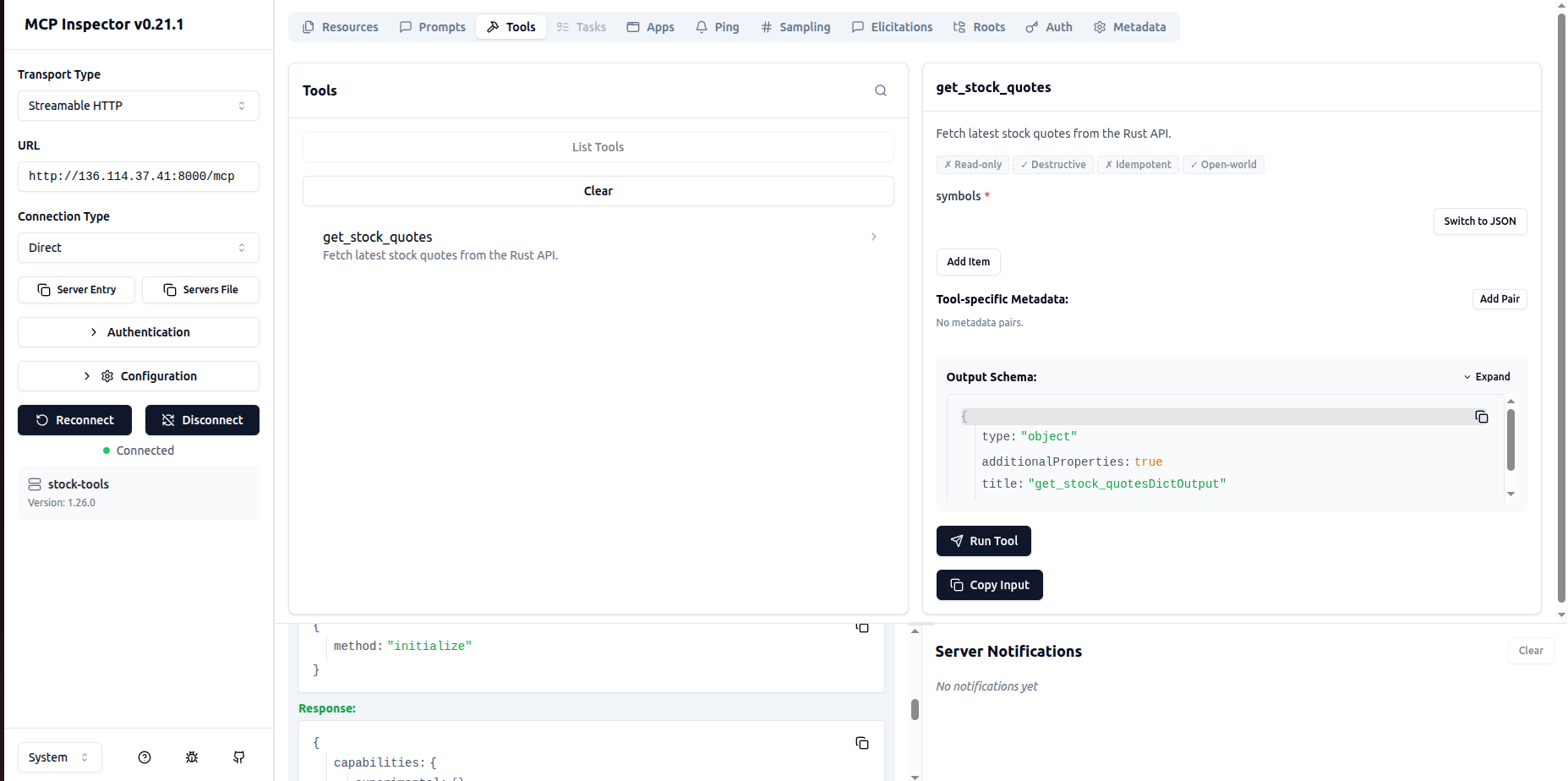 MCP Inspector connected to MCP Server